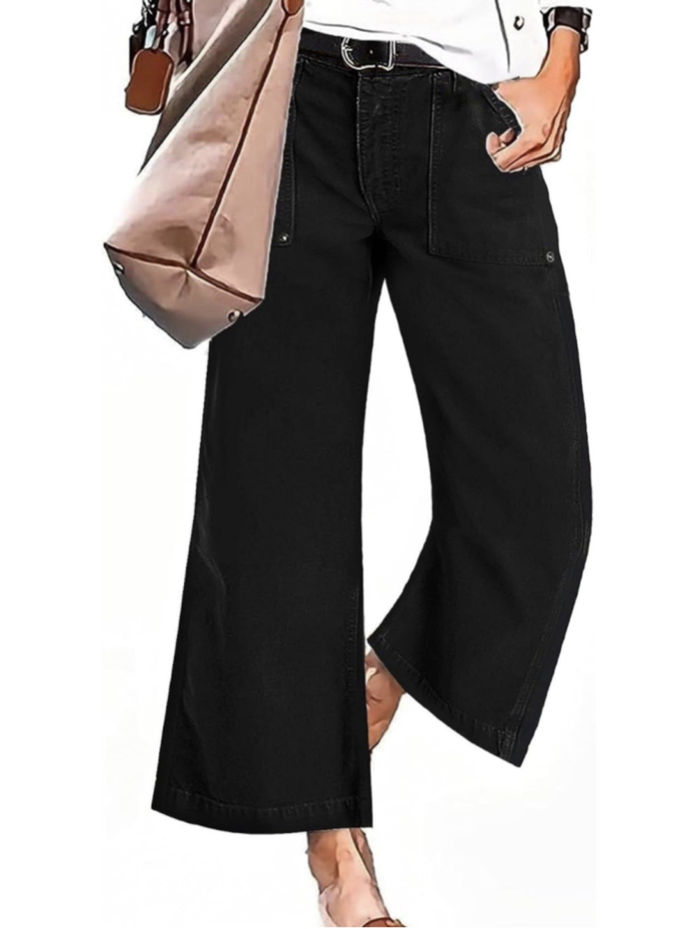 Flamingals Straight Wide Leg Mid Waisted Casual Jeans for Women Black M